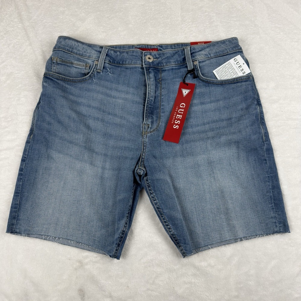 Guess Wyatt Stretch Denim‎ Shorts Mens 36" (Fit 37") Light Wash 90s Fade Raw Hem